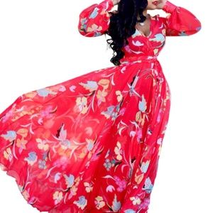 Floral V Neck Chiffon Lantern Sleeve Swing Dress